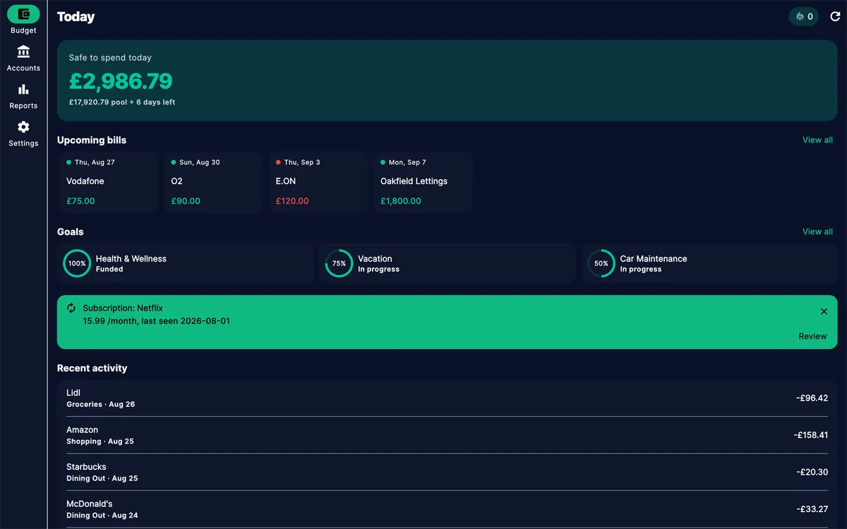 Zeroed — Today view with safe-to-spend, upcoming bills, and goals