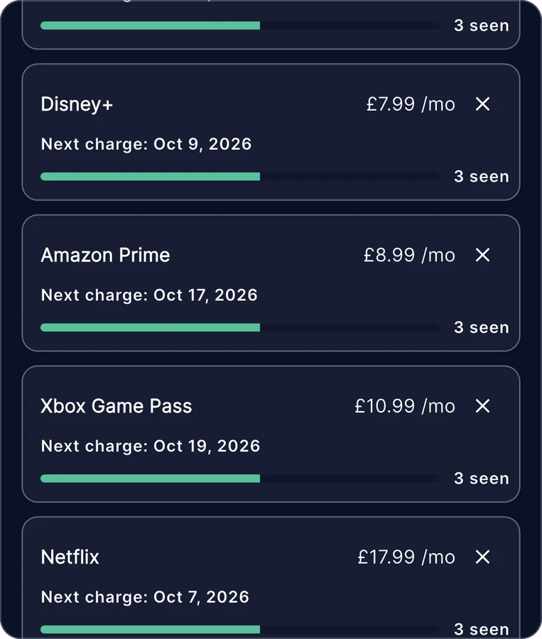 Zeroed on a phone: the Subscriptions screen, listing the recurring payments Zeroed has found.