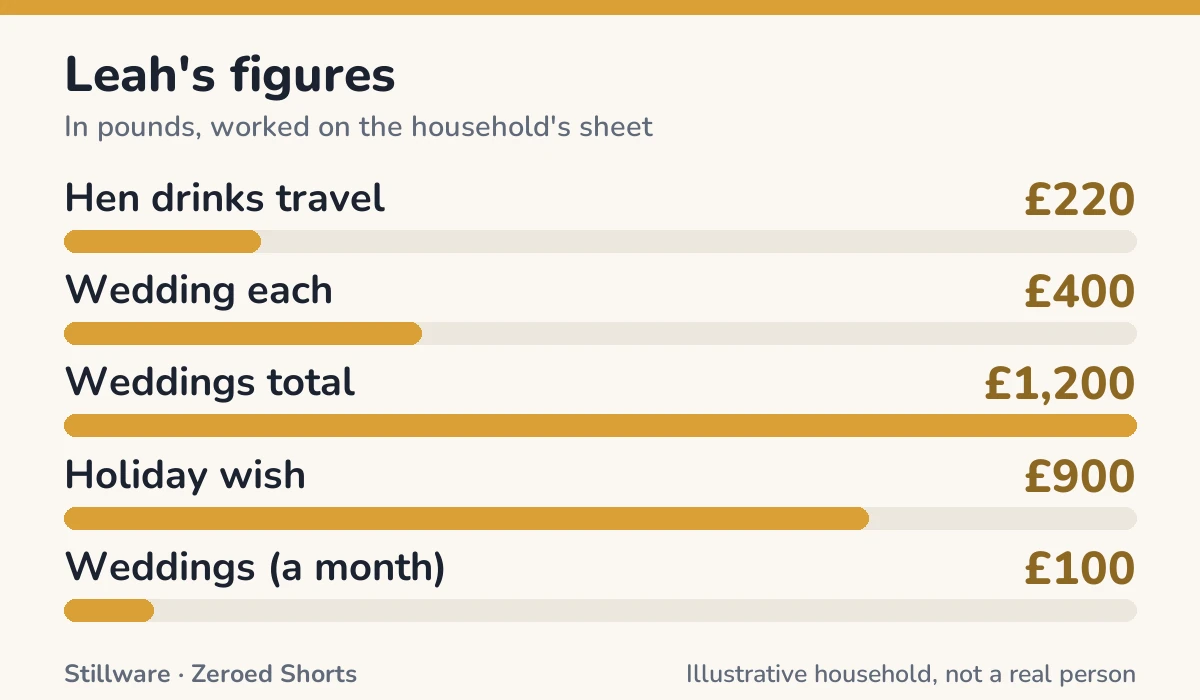 Bar chart of Leah's figures in pounds: Hen drinks travel £220; Wedding each £400; Weddings total £1,200; Holiday wish £900; Weddings (a month) £100.