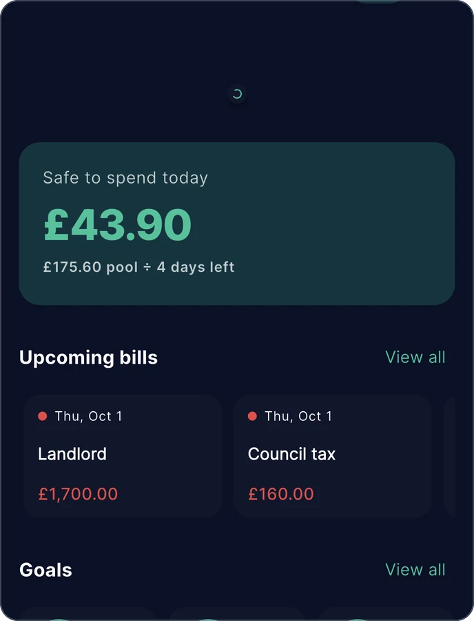 Zeroed on a phone: the Today screen, with its safe-to-spend card.