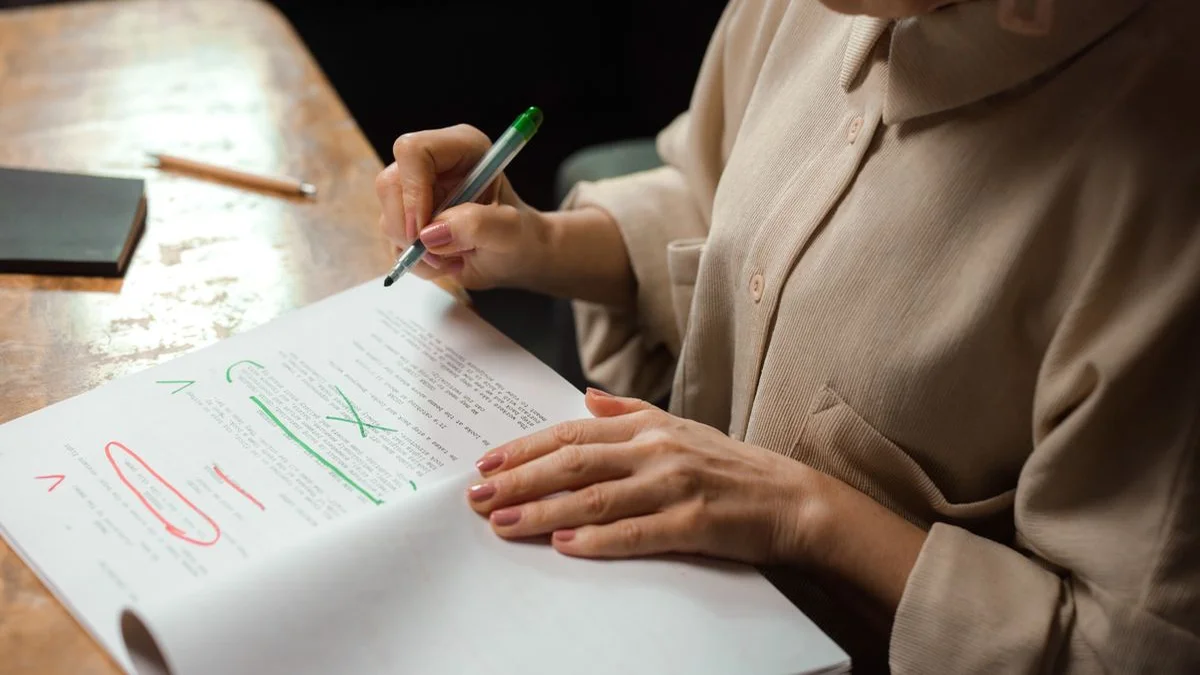 Senior homeowner reviewing property maintenance notes at kitchen table