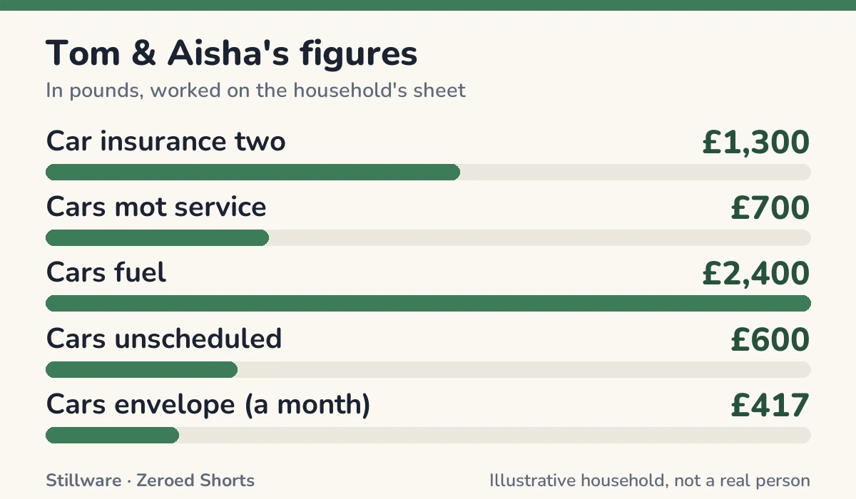 Bar chart of Tom & Aisha's figures in pounds: Car insurance two £1,300; Cars mot service £700; Cars fuel £2,400; Cars unscheduled £600; Cars envelope (a month) £417.