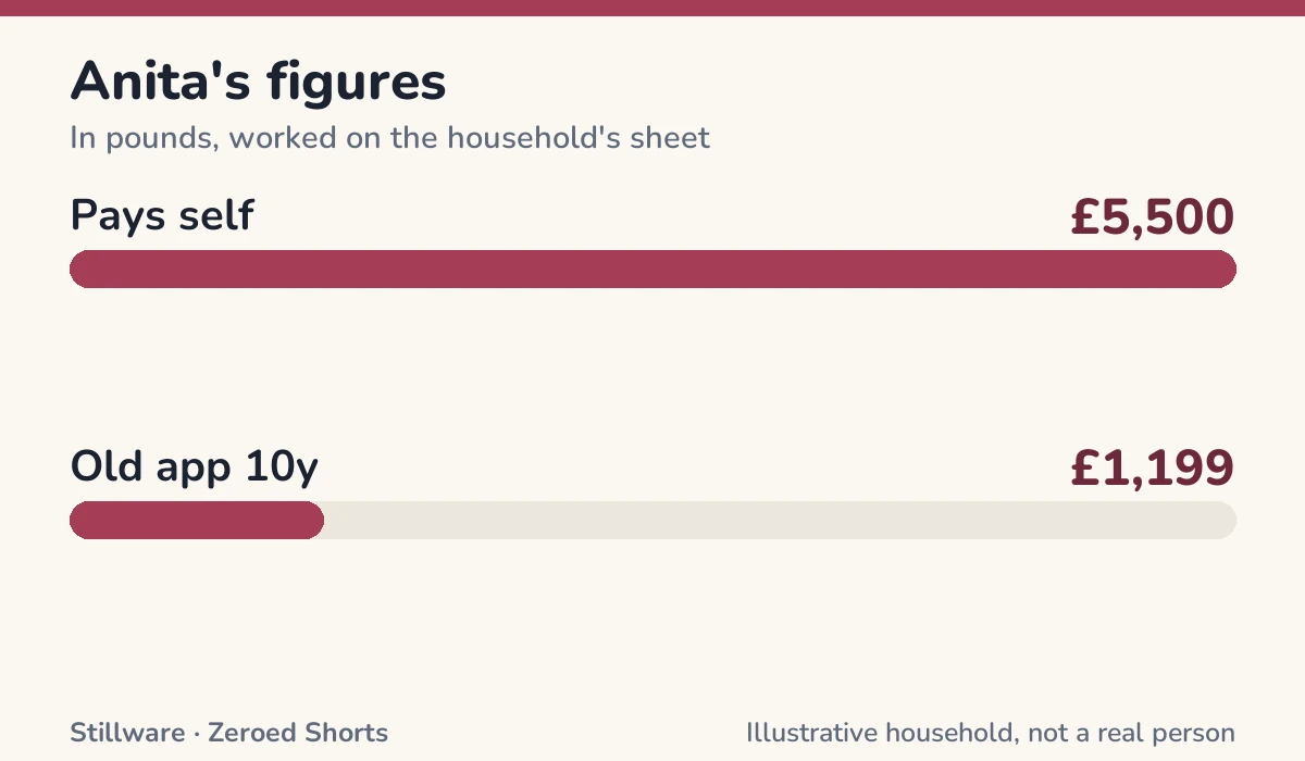Bar chart of Anita's figures in pounds: Pays self £5,500; Old app 10y £1,199.