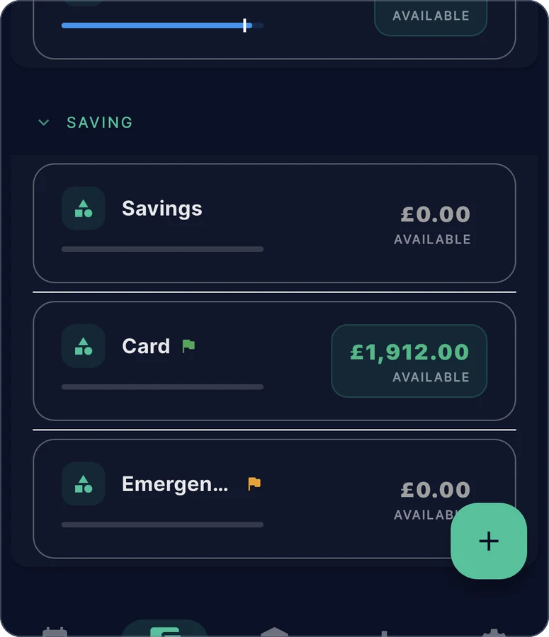 Zeroed on a phone, Budget screen, Saving group: Savings with £0.00 available, Card with a green goal flag and £1,912.00 available, and Emergency with an orange flag and £0.00 available.