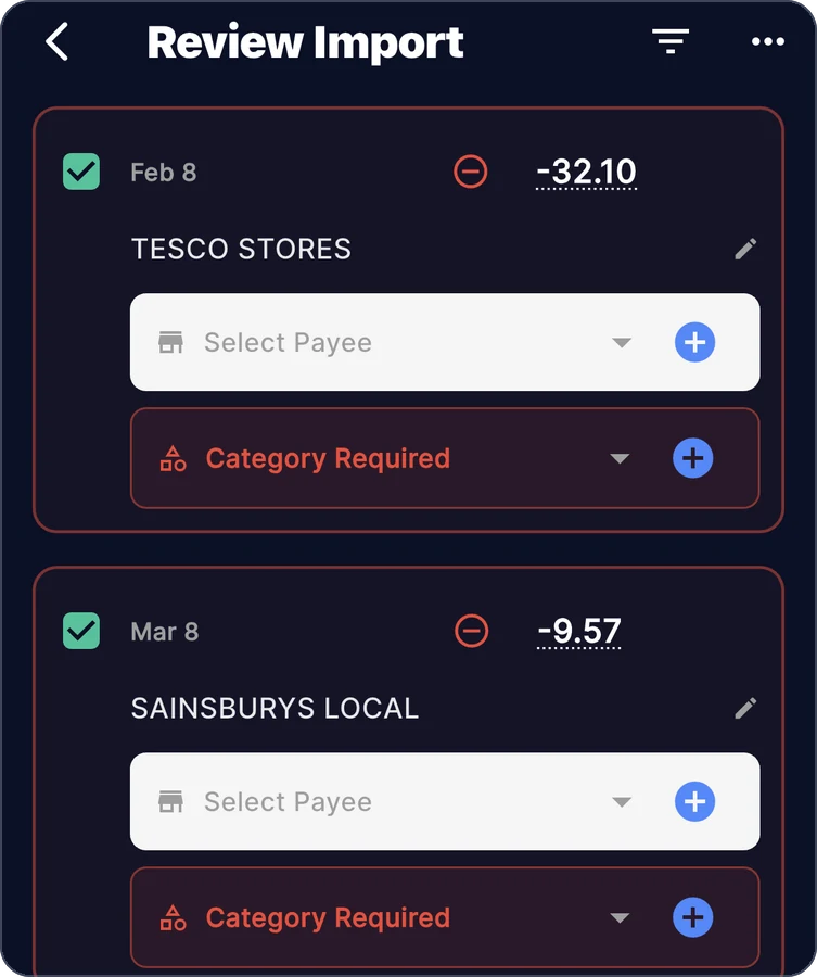 Zeroed on a phone, Review Import screen: two statement lines, dated Feb 8 for -32.10 and Mar 8 for -9.57, each with a payee box reading Select Payee and a category box reading Category Required.