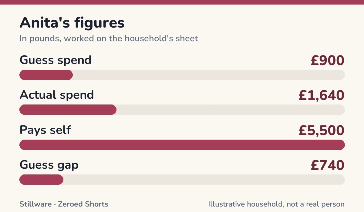 Bar chart of Anita's figures in pounds: Guess spend £900; Actual spend £1,640; Pays self £5,500; Guess gap £740.