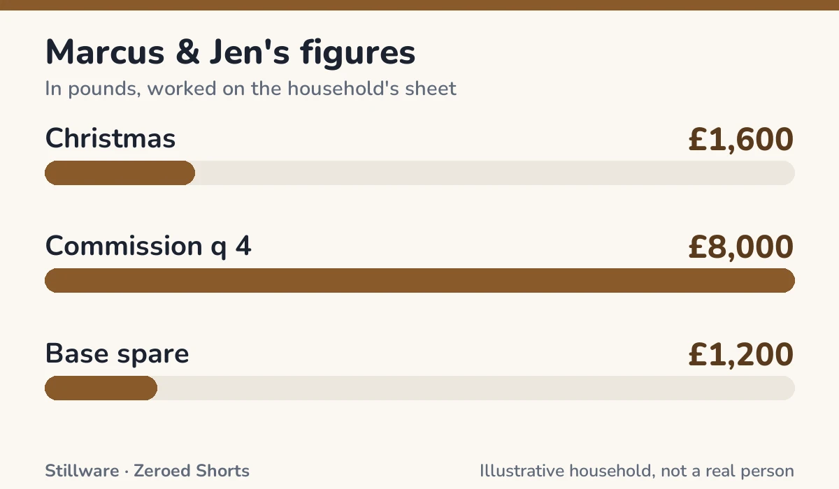 Bar chart of Marcus & Jen's figures in pounds: Christmas £1,600; Commission q 4 £8,000; Base spare £1,200.
