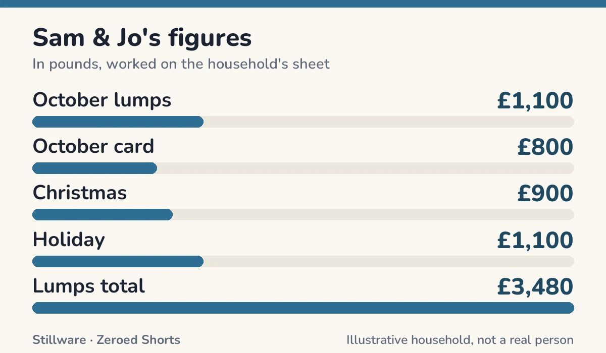 Bar chart of Sam & Jo's figures in pounds: October lumps £1,100; October card £800; Christmas £900; Holiday £1,100; Lumps total £3,480.