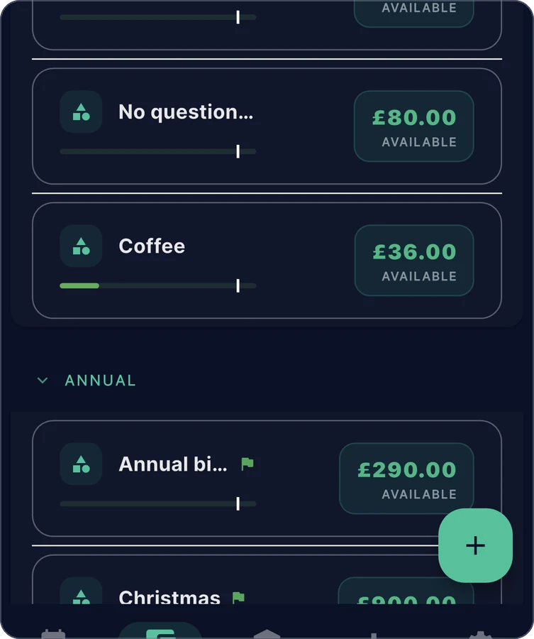 Zeroed on a phone: the Budget screen, showing 'monthly funding £290': each envelope row has its name, a progress bar and the amount available.