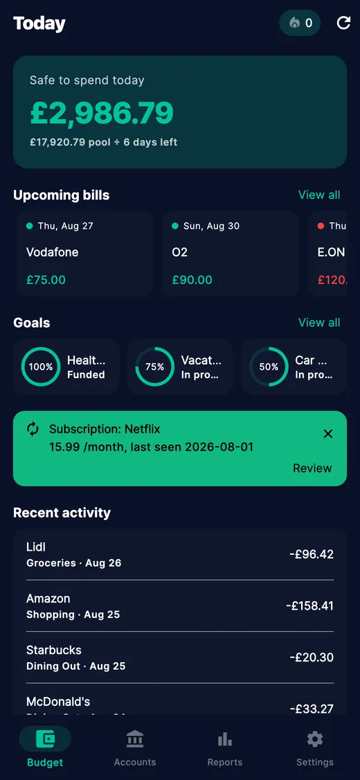 Zeroed mobile — Today view with safe-to-spend and upcoming bills
