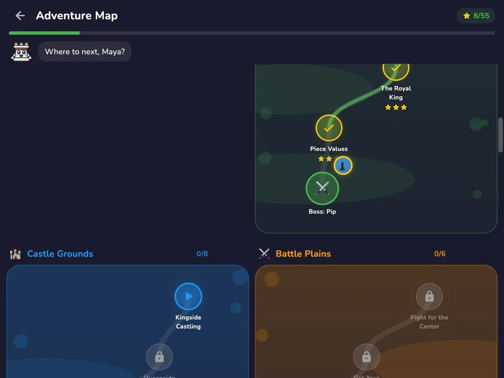 RankUp Chess on macOS: the adventure map, with Rook asking where to next and the next lands to explore