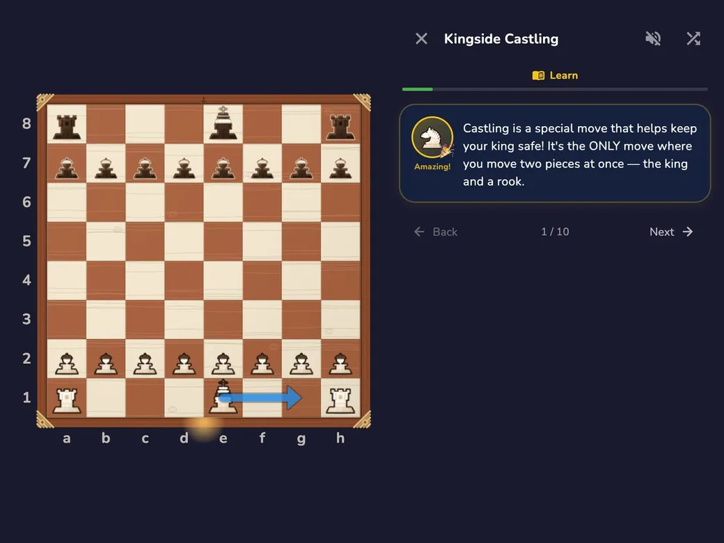 RankUp Chess on macOS: a voiced lesson on kingside castling, with Rook explaining the move