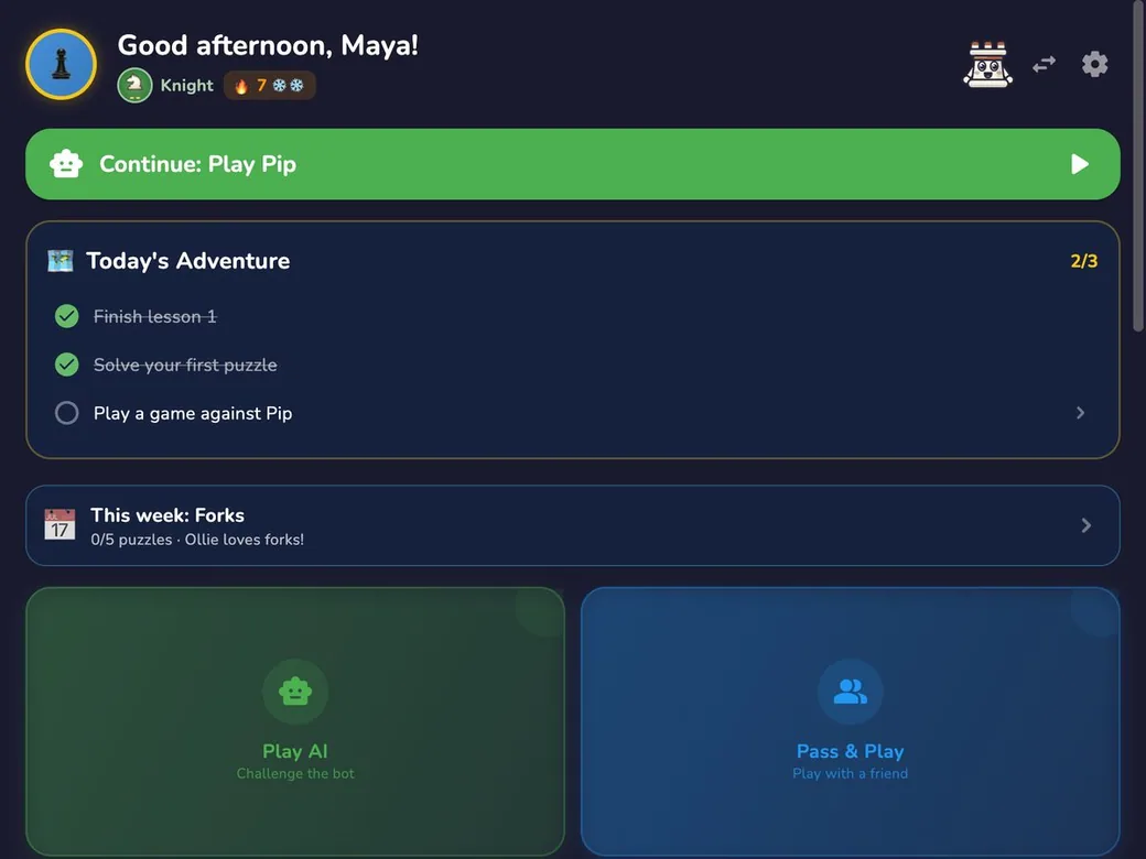 RankUp Chess on macOS: Home, with Today’s Adventure, the week’s theme and the Play AI and Pass & Play tiles