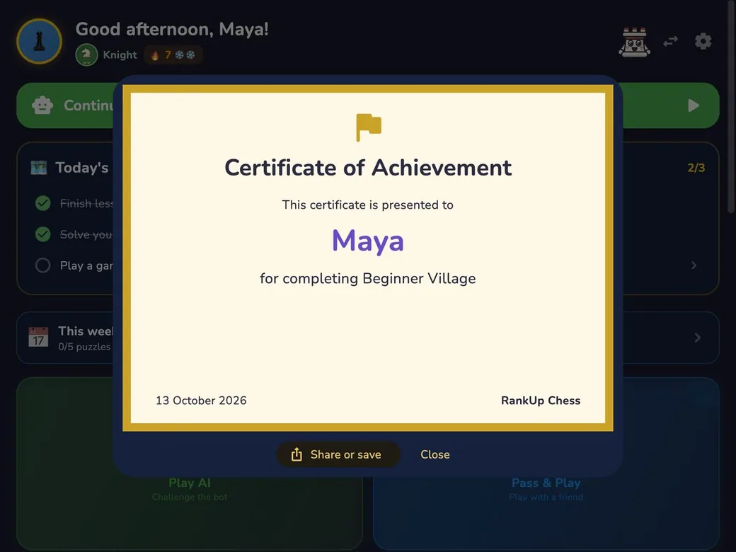 RankUp Chess on macOS: a certificate for finishing a land