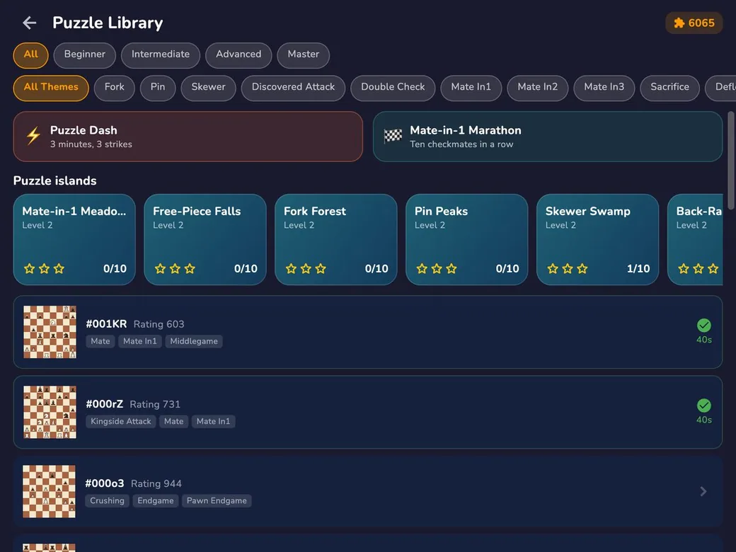 RankUp Chess on macOS: the Puzzle Library, with puzzle islands, Puzzle Dash and the Mate-in-1 Marathon