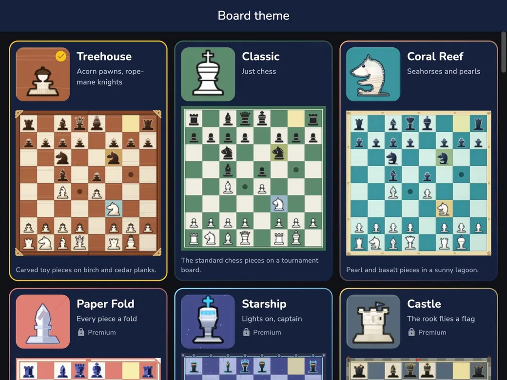 RankUp Chess on macOS: the board gallery, seven board themes each led by its signature piece; Treehouse, Classic and Coral Reef are free and the others are marked Premium