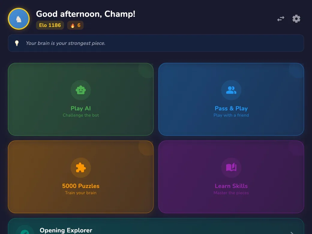 RankUp Chess — Home screen with Play AI, Pass & Play, 5000 Puzzles, Learn Skills, Opening Explorer and the Daily Challenge