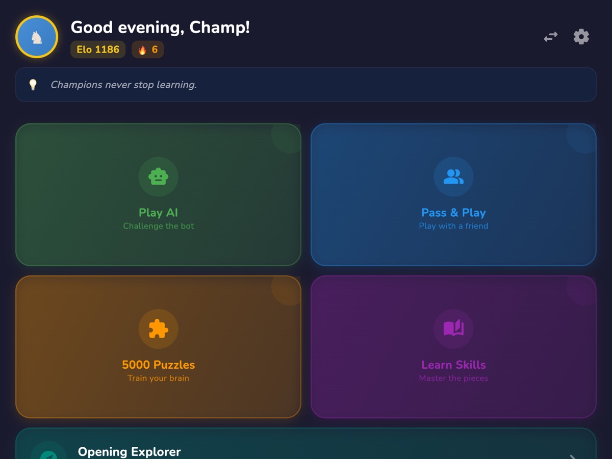 RankUp Chess on macOS — Home screen with Play AI, Pass & Play, 5000 Puzzles, Learn Skills, Opening Explorer and the Daily Challenge
