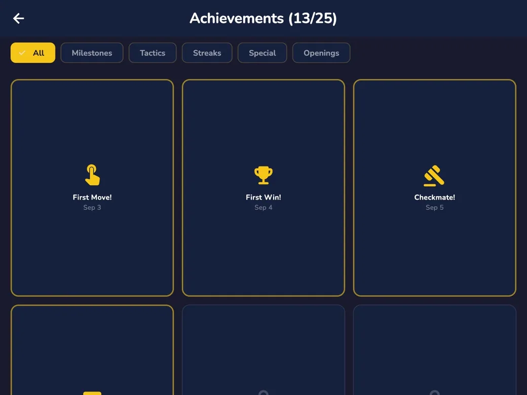RankUp Chess on macOS — Achievements, filterable by Milestones, Tactics and Streaks
