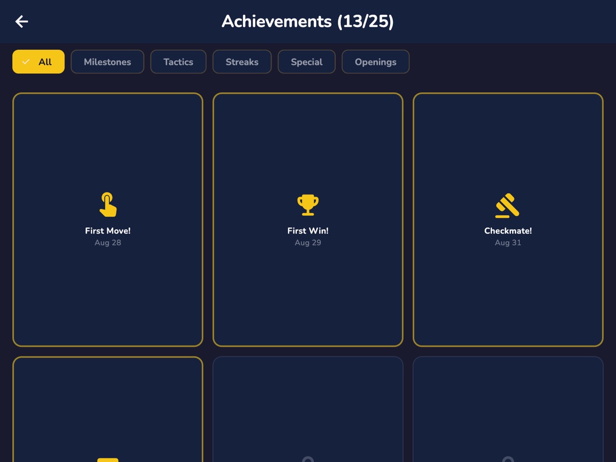 RankUp Chess on macOS — Achievements, filterable by Milestones, Tactics and Streaks