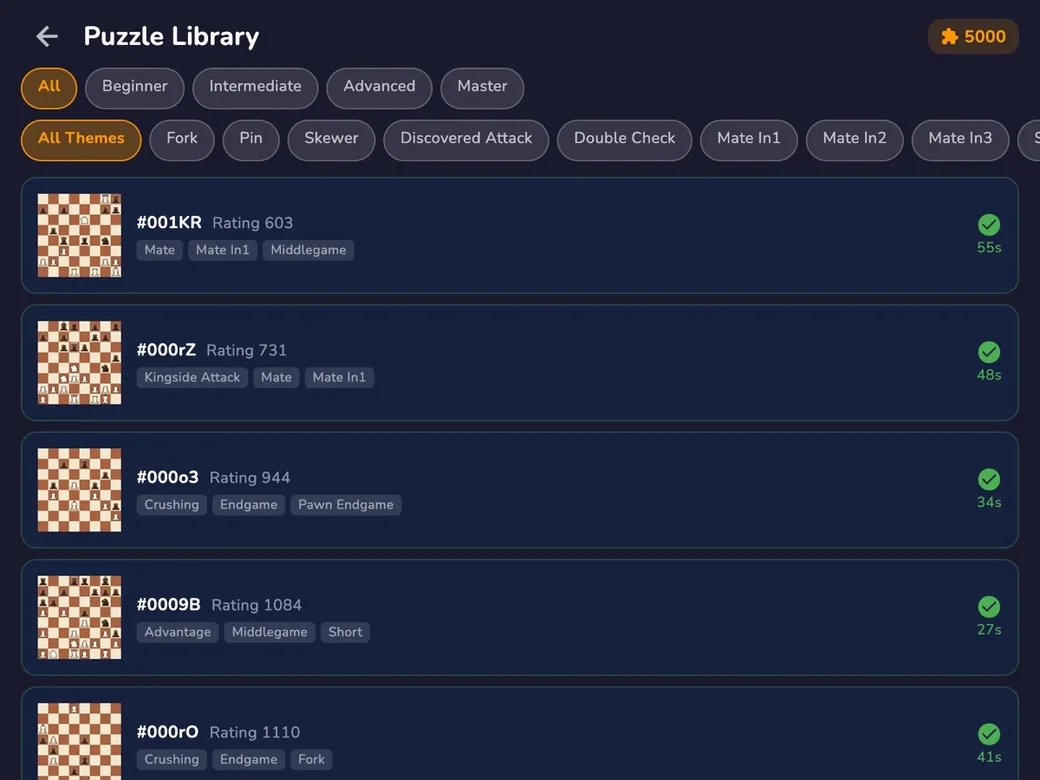 RankUp Chess on macOS — Puzzle Library with 5,000 puzzles filterable by difficulty and theme