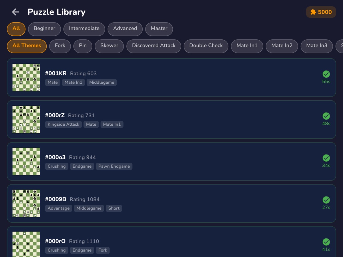 RankUp Chess on macOS — Puzzle Library with 5,000 puzzles filterable by difficulty and theme