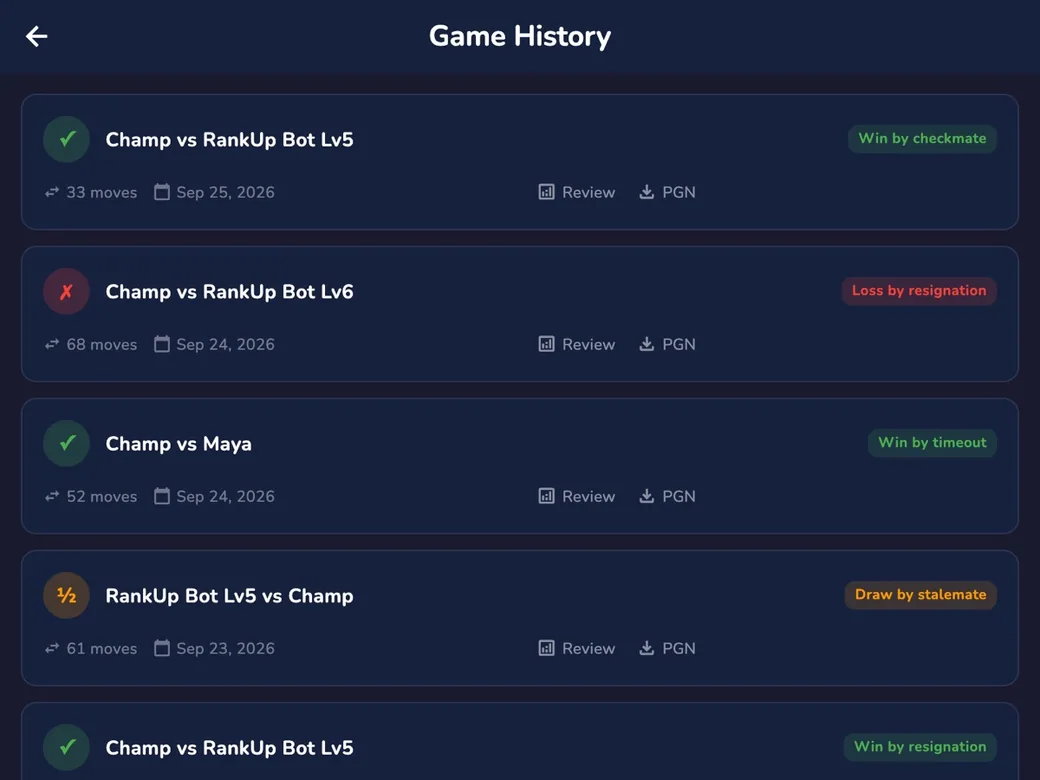 RankUp Chess on macOS — Game history listing previous matches