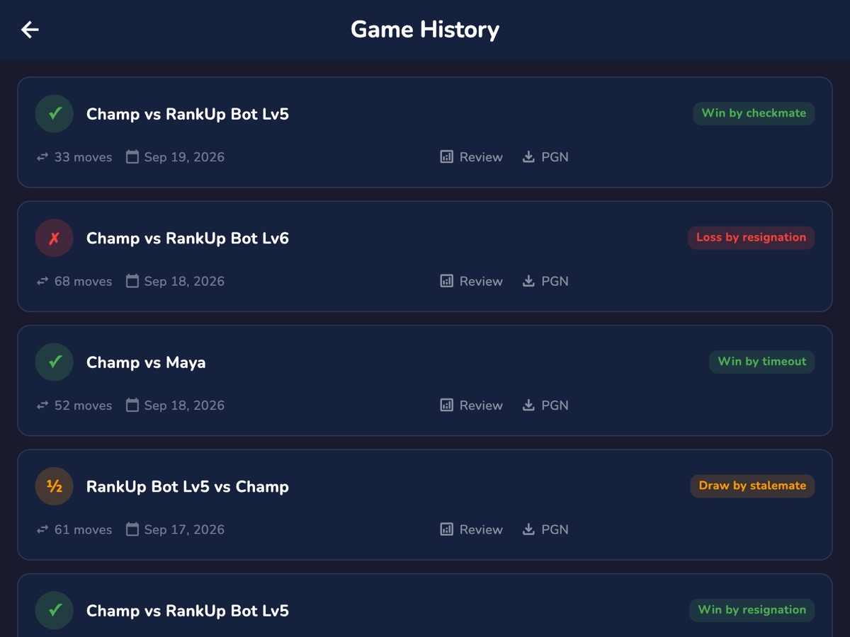 RankUp Chess on macOS — Game history listing previous matches