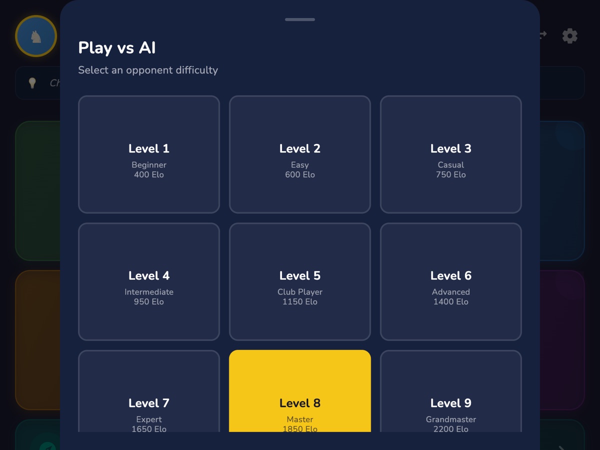 RankUp Chess on macOS — Play vs AI difficulty levels, from Beginner 400 Elo to Grandmaster 2500 Elo