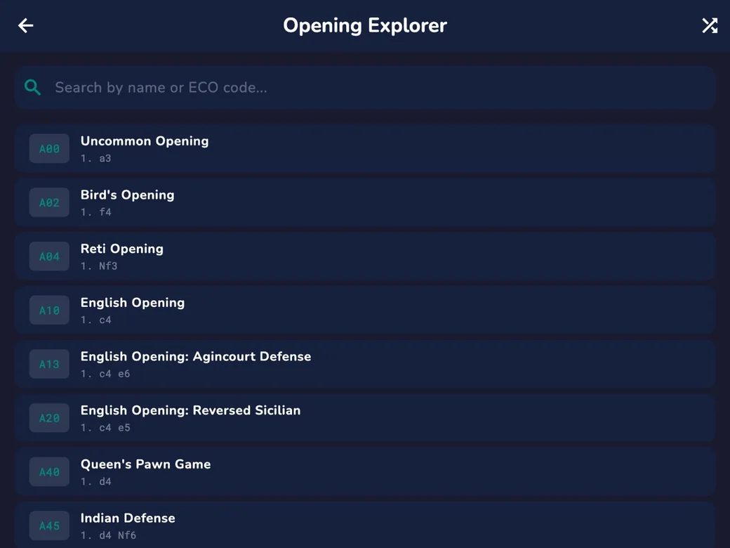 RankUp Chess on macOS — Opening Explorer browsing ECO openings with board previews