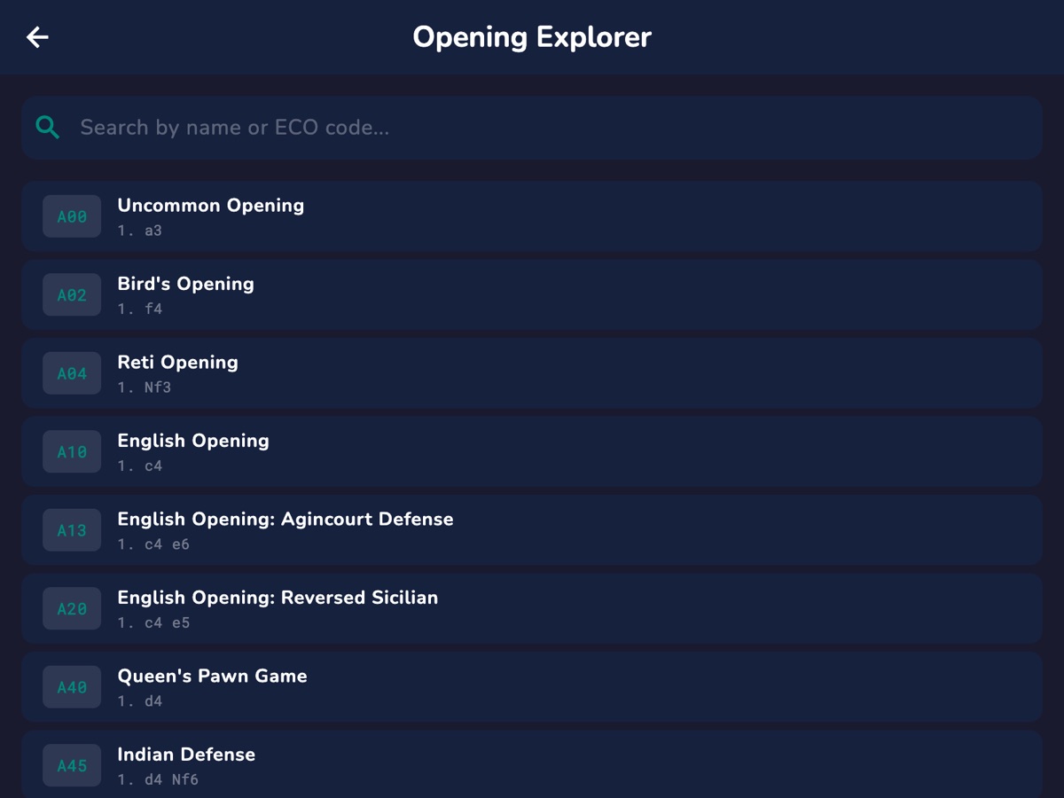 RankUp Chess on macOS — Opening Explorer browsing ECO openings with board previews
