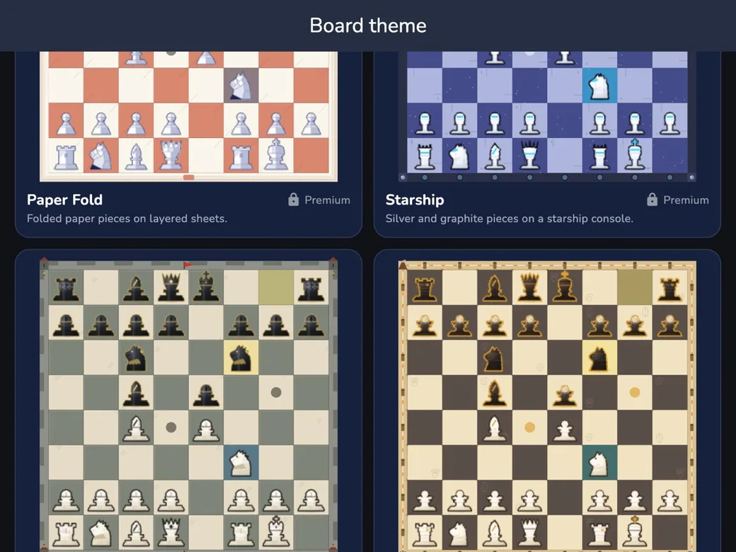 RankUp Chess on macOS — The board theme gallery: Treehouse and Coral Reef are free, Paper Fold, Starship, Castle and Fossil Dig come with Premium