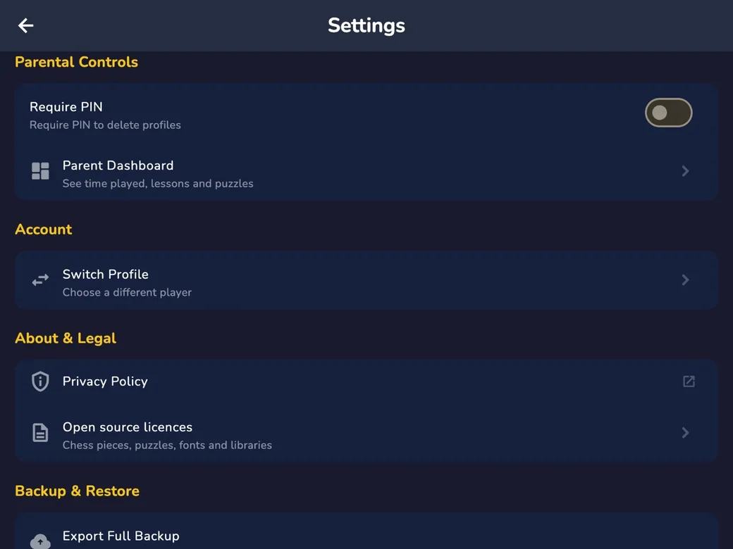 RankUp Chess — Settings showing Parental Controls with a PIN requirement and the Parent Dashboard, plus backup and restore
