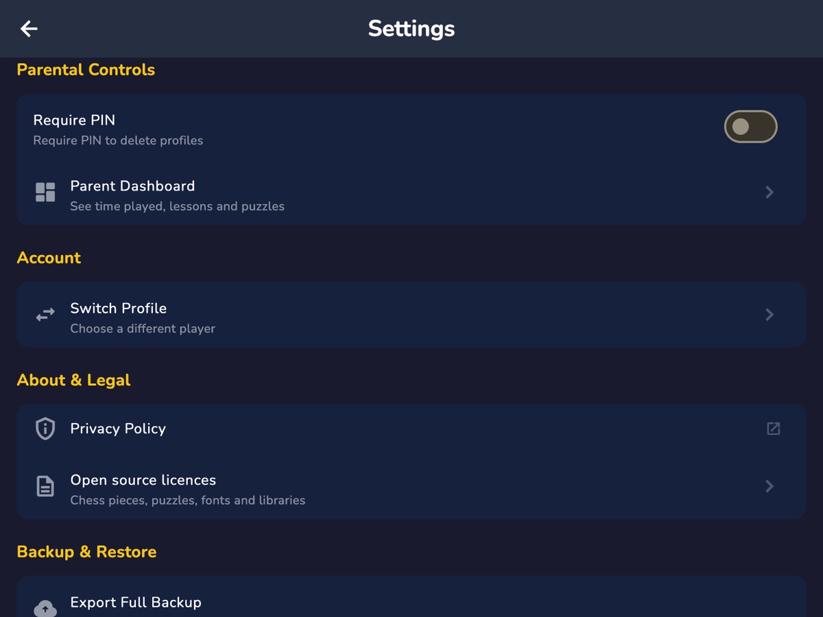 RankUp Chess — Settings showing Parental Controls with a PIN requirement and the Parent Dashboard, plus backup and restore