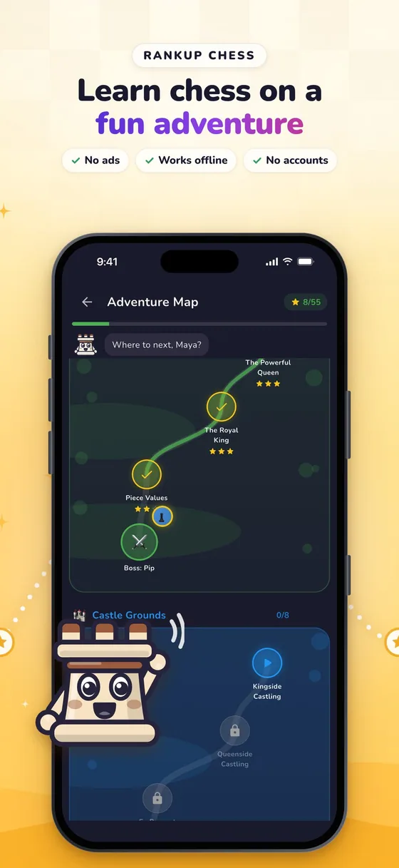 RankUp Chess: Learn chess on a fun adventure. The adventure map, with Rook the friendly talking chess piece