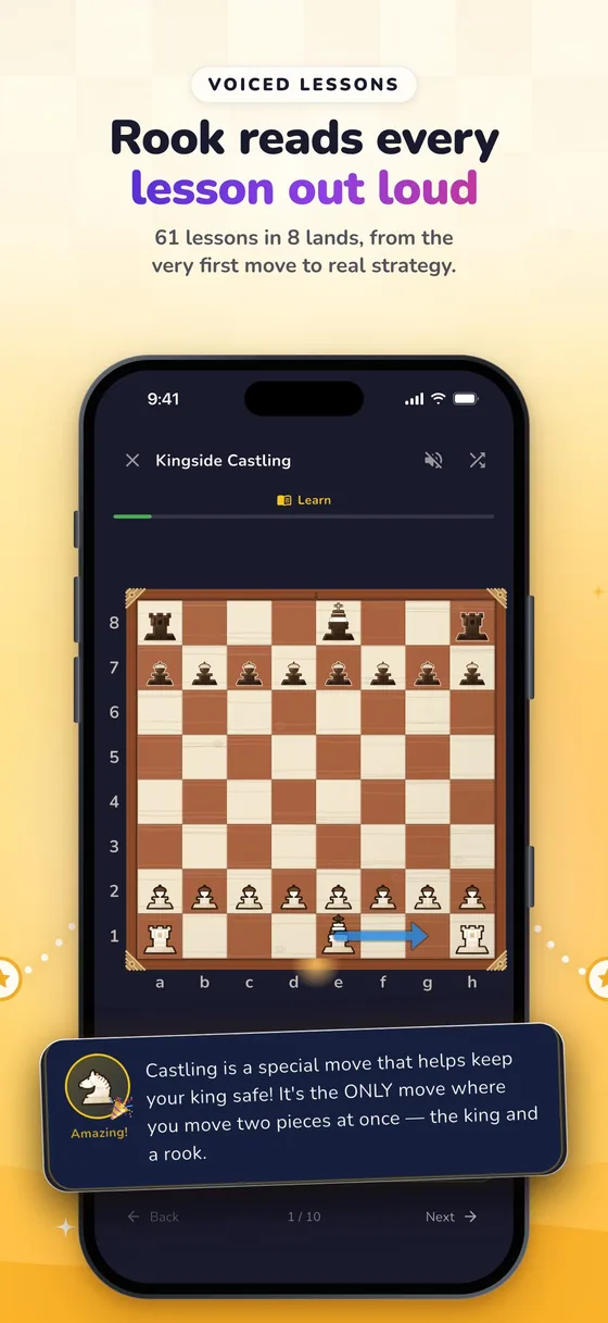 RankUp Chess: Rook reads every lesson out loud. A voiced lesson on kingside castling, one of 61 lessons in 8 lands
