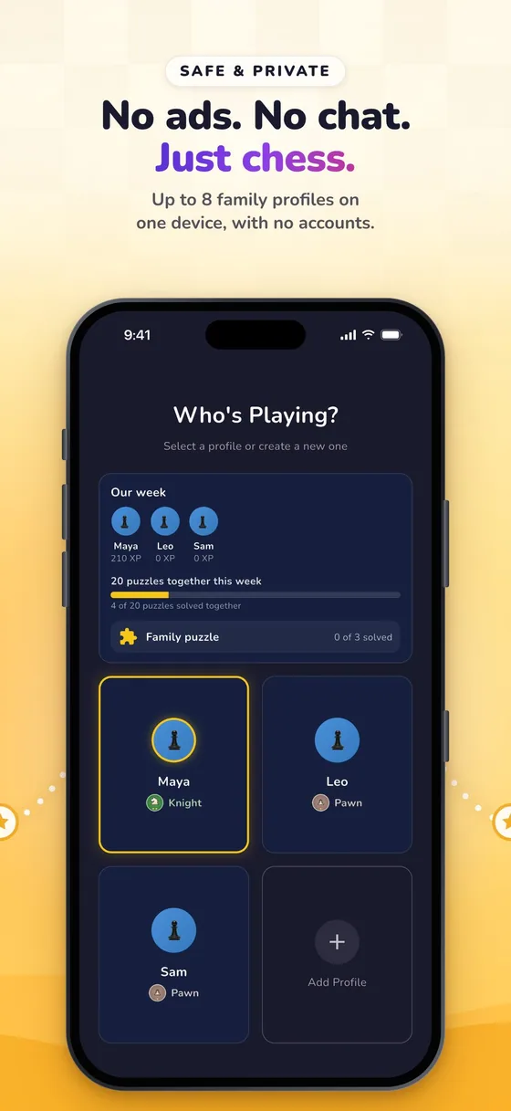 RankUp Chess: No ads. No chat. Just chess. Up to 8 family profiles on one device, with no accounts