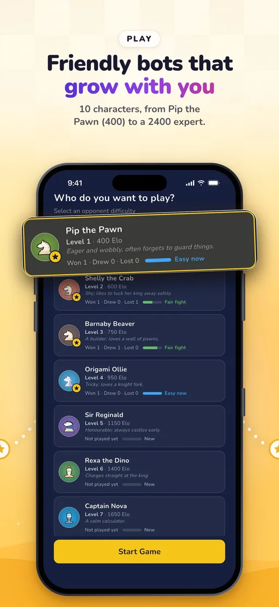 RankUp Chess: Friendly bots that grow with you. Ten computer opponents, from Pip the Pawn (400) to a 2400 expert