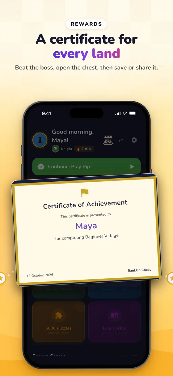 RankUp Chess: A certificate for every land you finish, to save or share