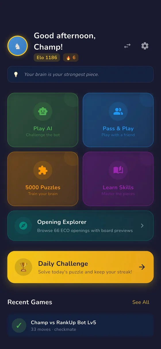 RankUp Chess — Home screen with Play AI, Pass & Play, 5000 Puzzles, Learn Skills, Opening Explorer and the Daily Challenge