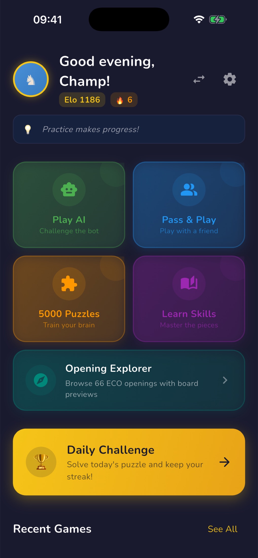 RankUp Chess — Home screen with Play AI, Pass & Play, 5000 Puzzles, Learn Skills, Opening Explorer and the Daily Challenge
