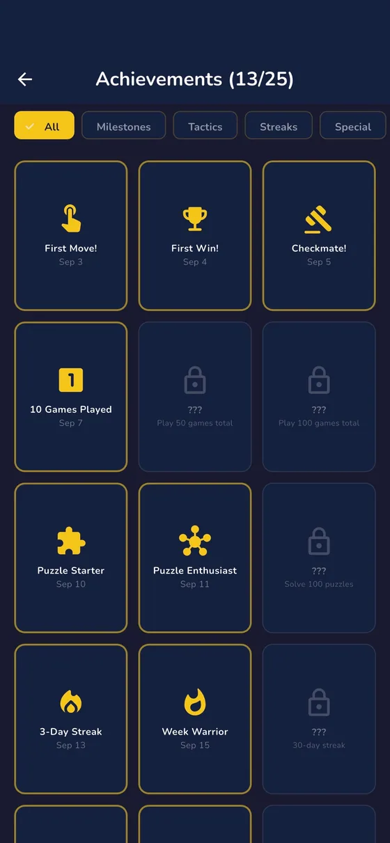 RankUp Chess — Achievements screen showing 13 of 25 unlocked, filtered by Milestones, Tactics and Streaks, with locked badges still hidden