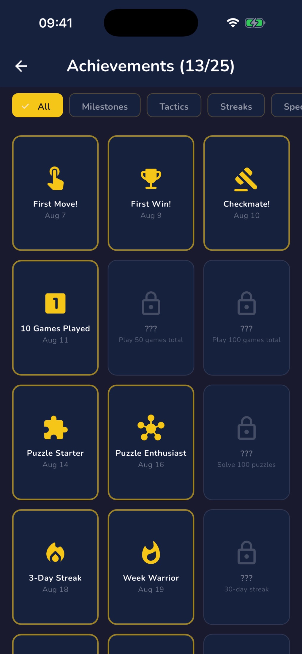 RankUp Chess — Achievements screen showing 13 of 25 unlocked, filtered by Milestones, Tactics and Streaks, with locked badges still hidden