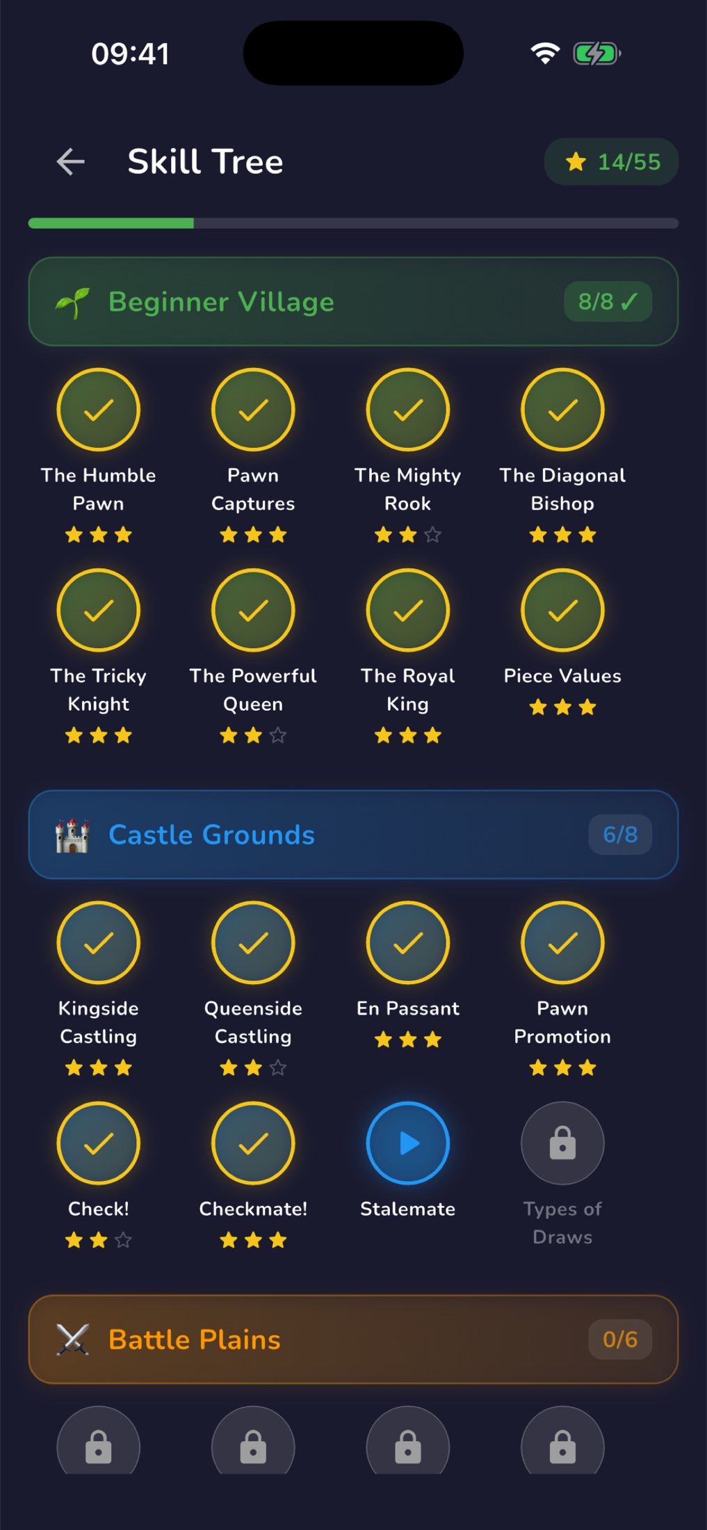RankUp Chess — Skill Tree showing progress through the curriculum chapters