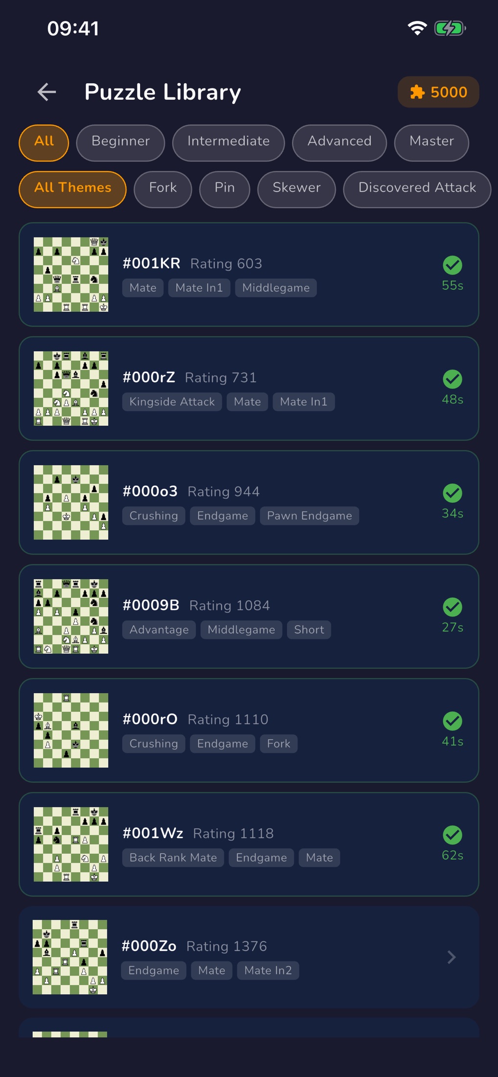 RankUp Chess — Puzzle Library with 5,000 puzzles filterable by difficulty and theme