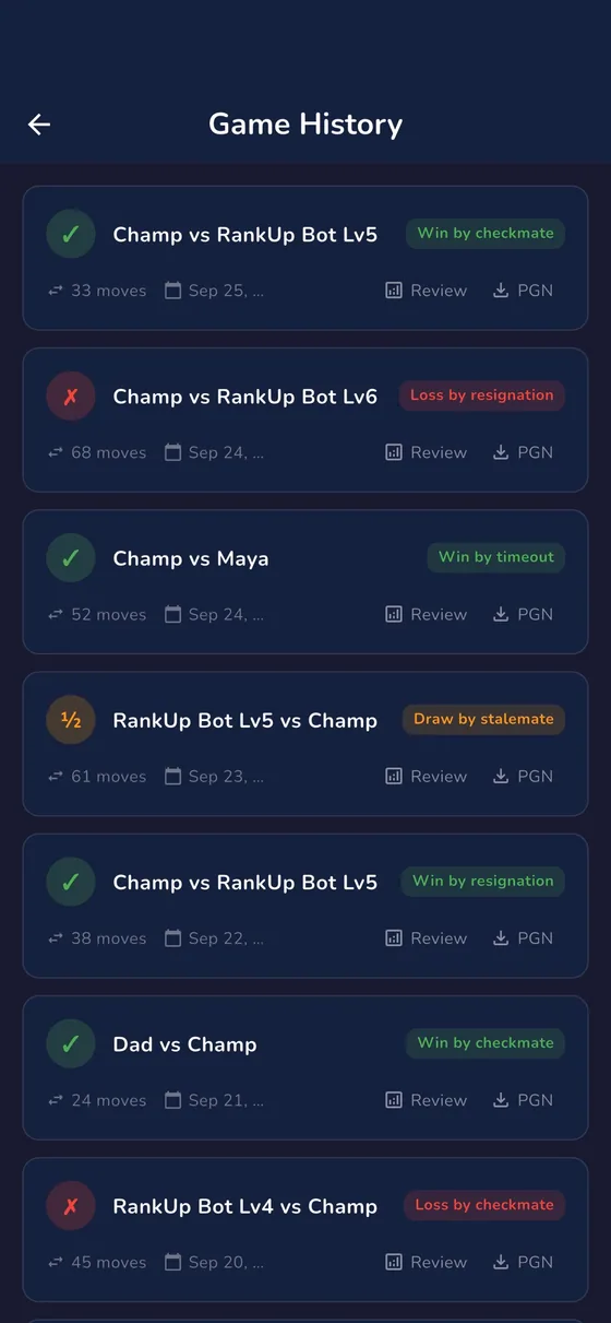 RankUp Chess — Game history listing previous matches