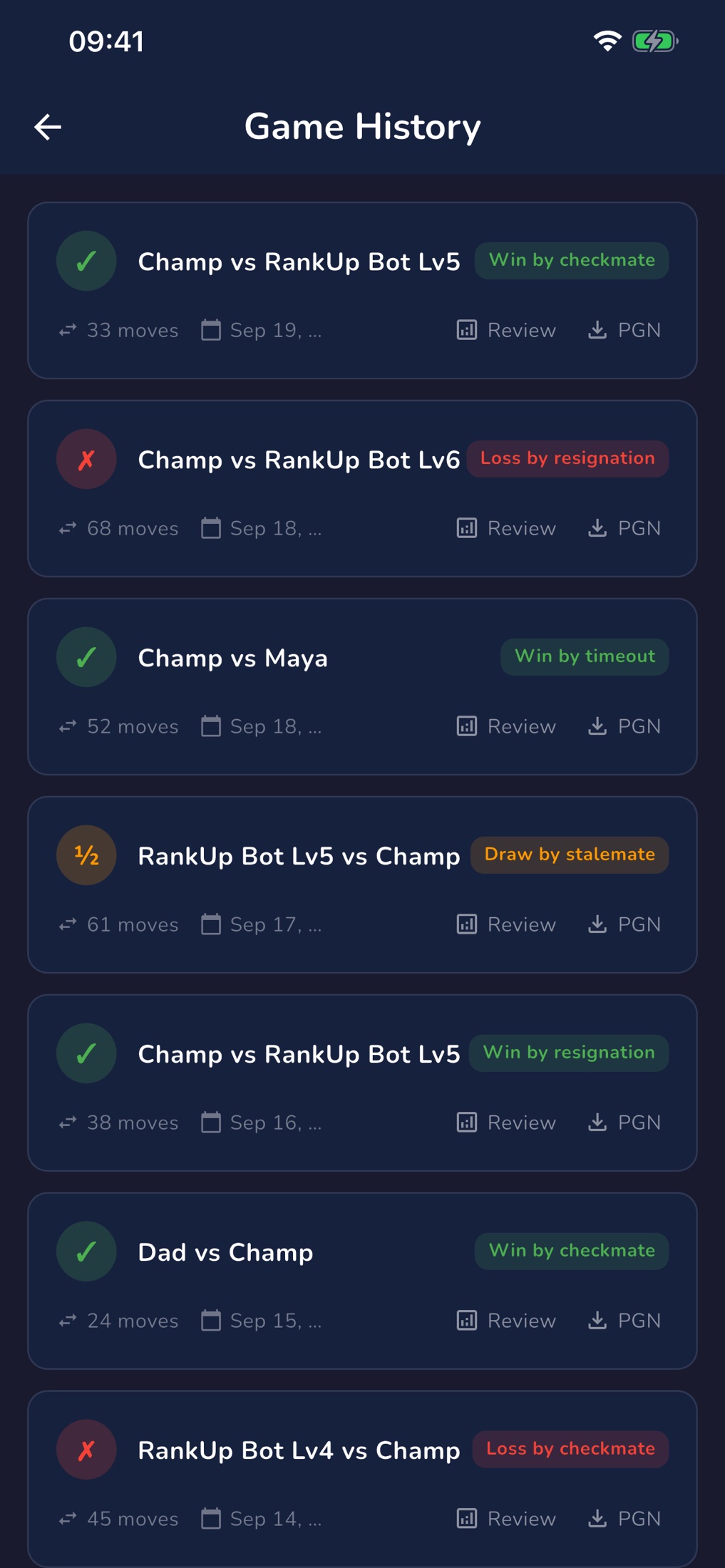 RankUp Chess — Game history listing previous matches