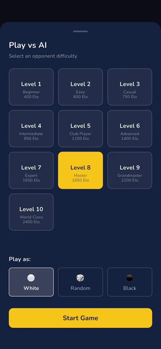 RankUp Chess — Play vs AI difficulty levels, from Beginner to World Class