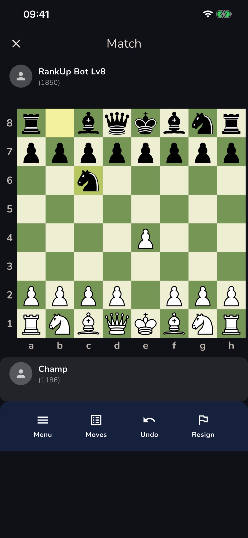 RankUp Chess — A live match in progress against the engine