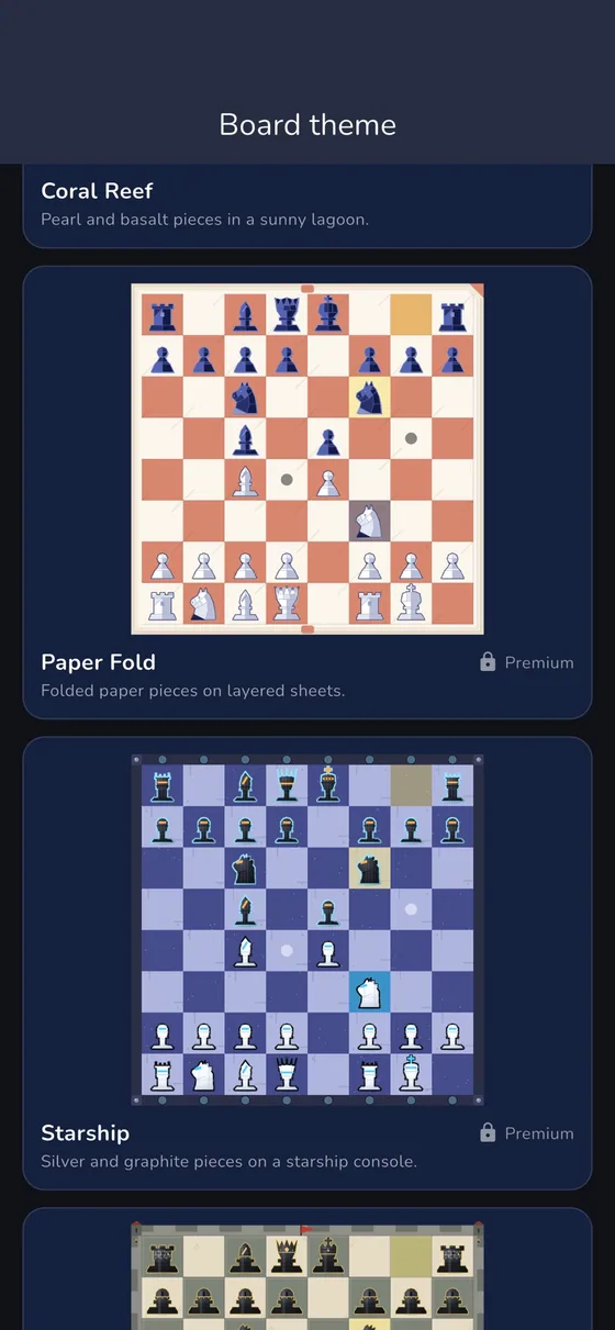 RankUp Chess — The board theme gallery: Treehouse and Coral Reef are free, Paper Fold, Starship, Castle and Fossil Dig come with Premium